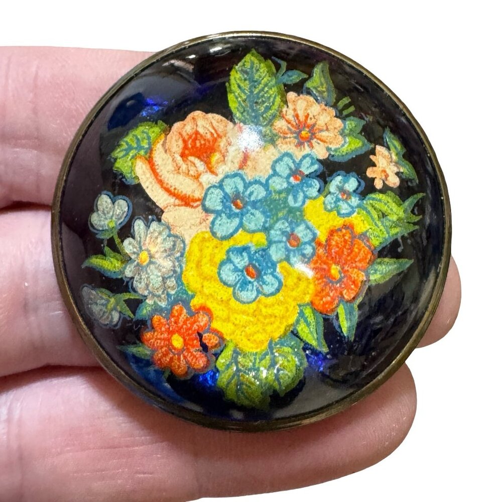 Vintage Victorian Bridal Floral Glass Brass Rosette Reverse Painted Pin Brooch